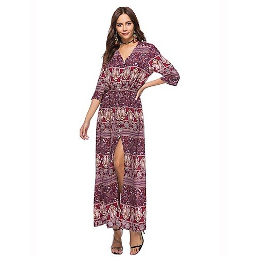 Women Daily Beach Dress, Printed High Waist V-neck