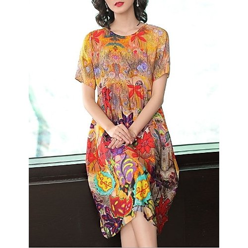 Women daily dress, geometric print round neck