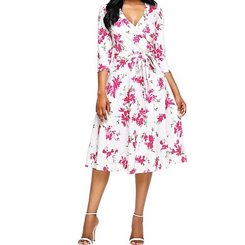 Women floral outfit fashion slim dress, floral V-neck