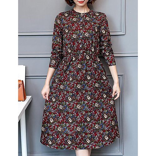 Women daily slim dress, floral round neck